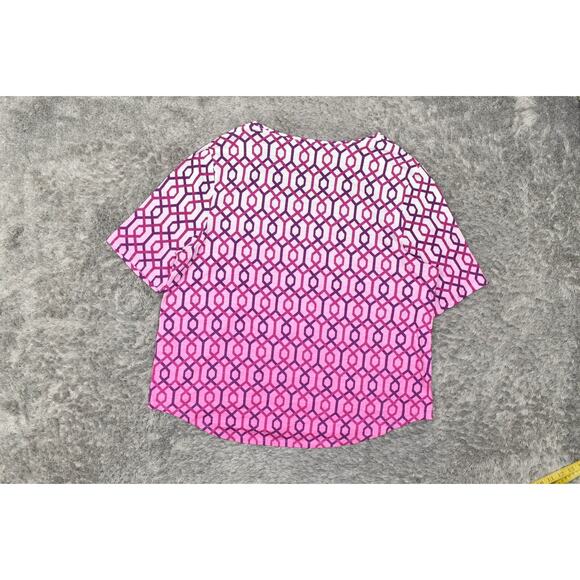 Chico's Size 3 Purple Cotton Blend Blouse Crew Neck Short Sleeve Geometric - Picture 3 of 7